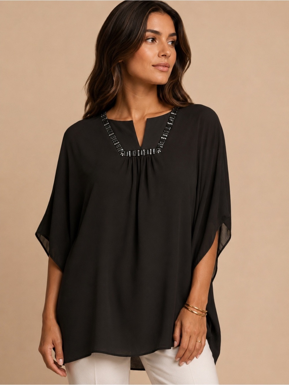 Black Beaded V-Neck Chiffon Blouse